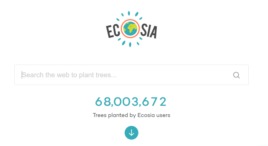 Ecosia search engine home page with number of trees planted so far on their mission to save the planet.